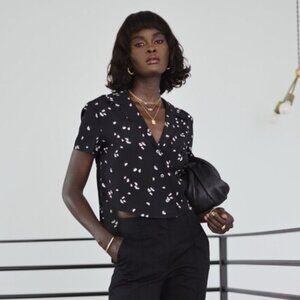 Thakoon Shirt Button Down Cropped Short Sleeve BP Black Daisy Cropped Blouse